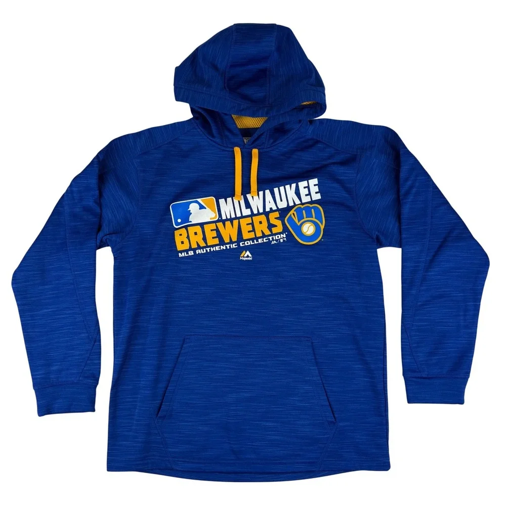 Majestic Hoodie Men Medium Blue Milwaukee Brewers MLB Therma Base Pullover A328
